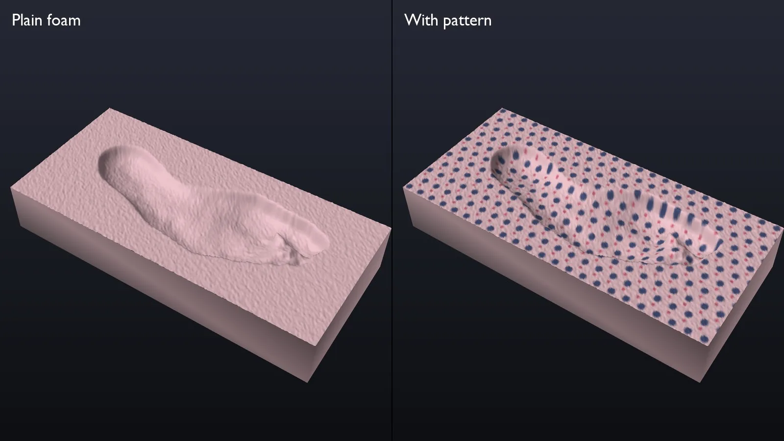 A foam impression block, plain and with a pattern on its surface