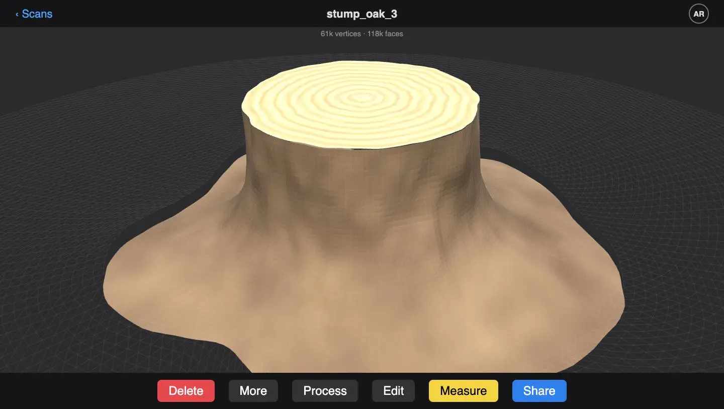 Illustration of a scanned tree stump as a textured mesh in the app