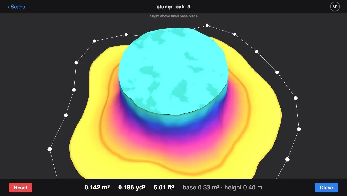Illustration of a scanned stump colored by height above the fitted base plane, with the outline and a volume readout