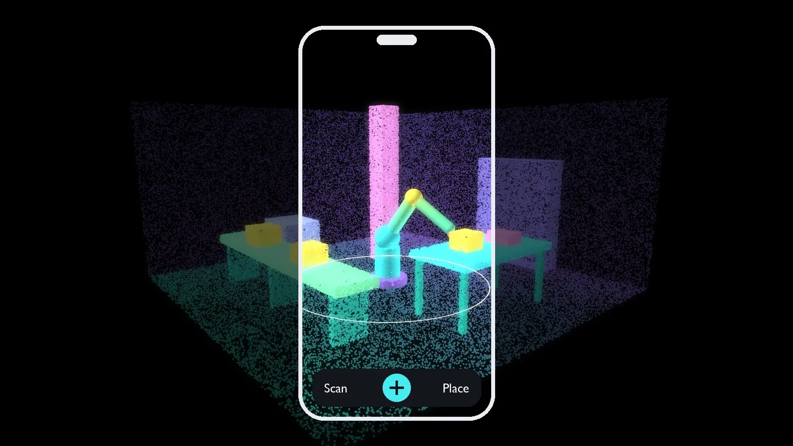 A phone showing a simulated robot arm in place in a real room
