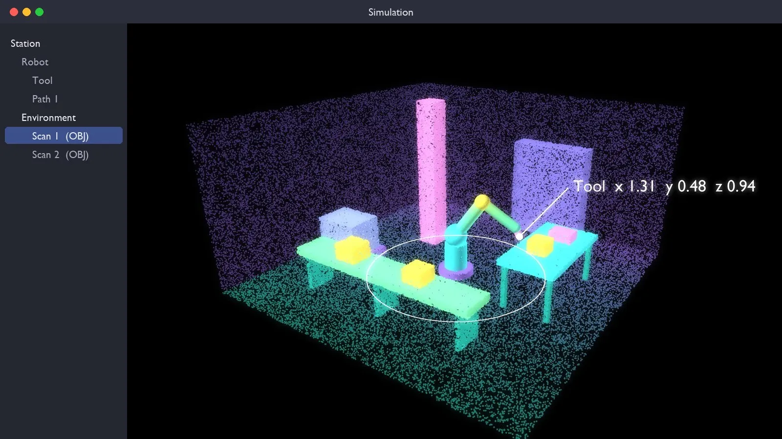 Simulation software with a scan loaded as the environment around a simulated robot arm