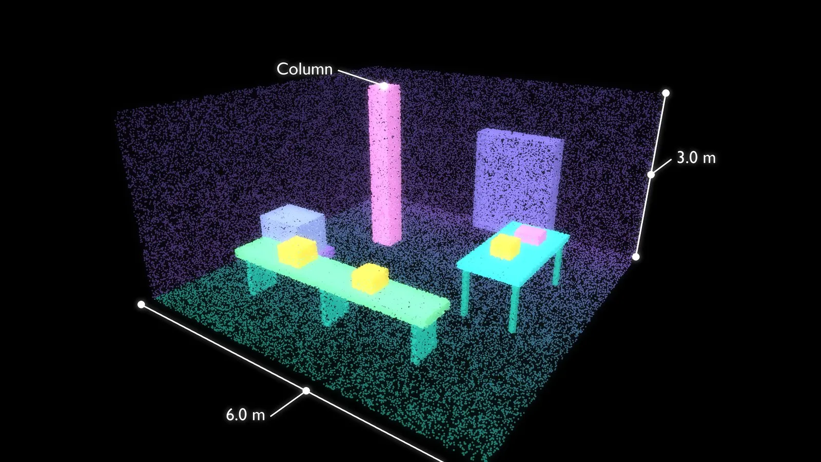 A scanned workspace: floor, walls, a column, a conveyor and a workbench