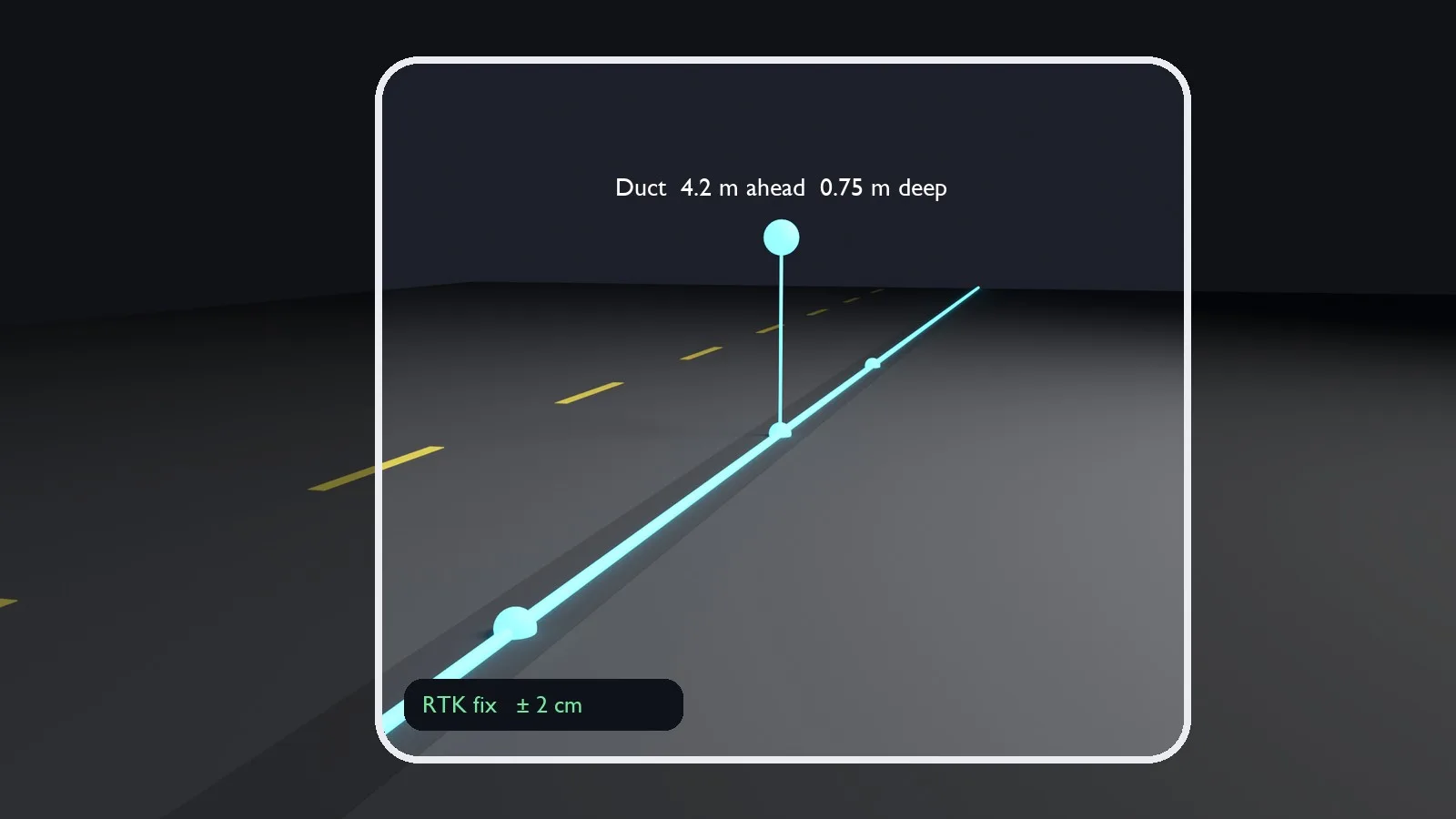 A phone view of a closed road surface with the buried duct route and a marker shown in augmented reality