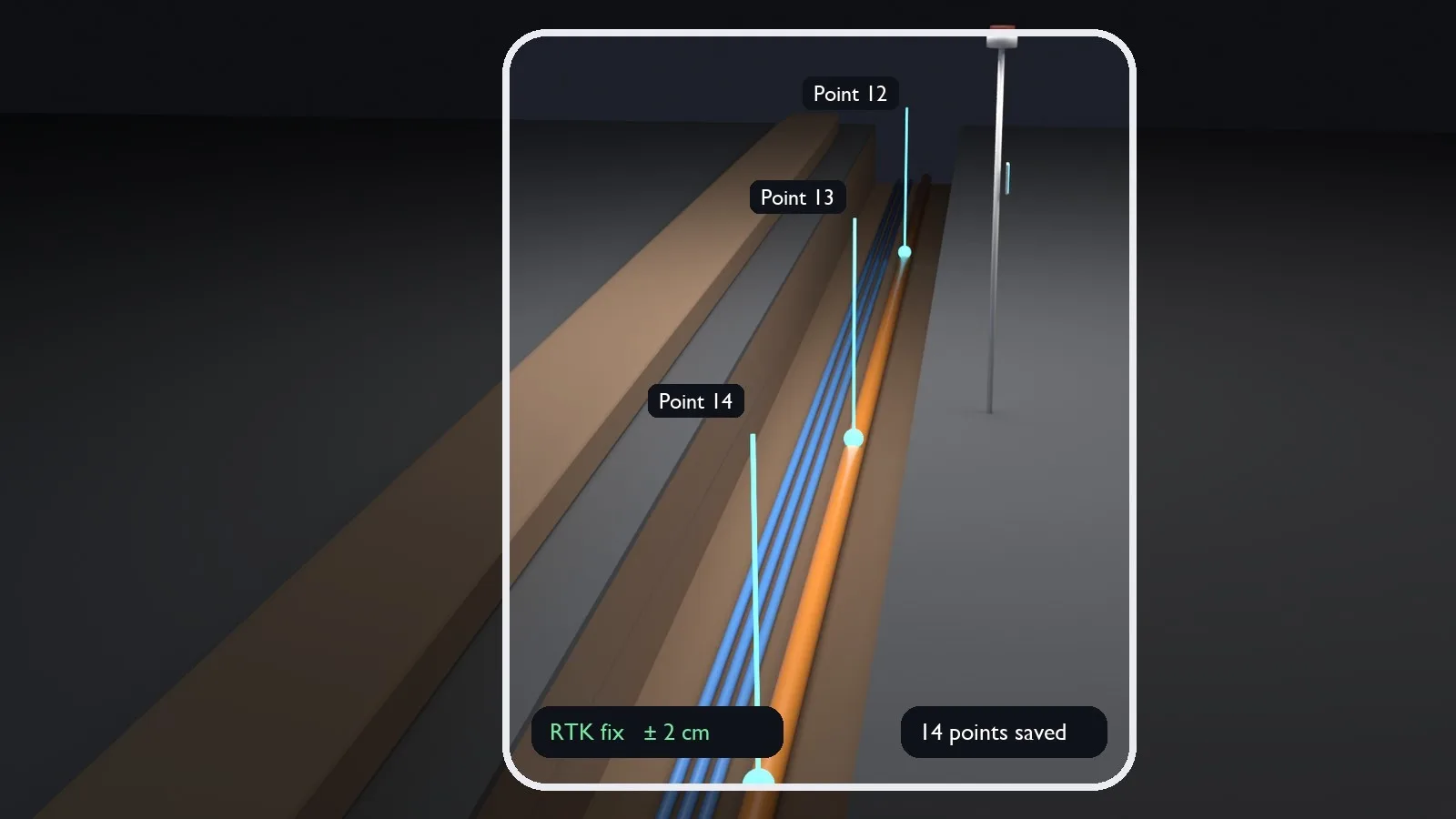 A phone view of an open trench with surveyed points shown in augmented reality, an RTK status and a point count