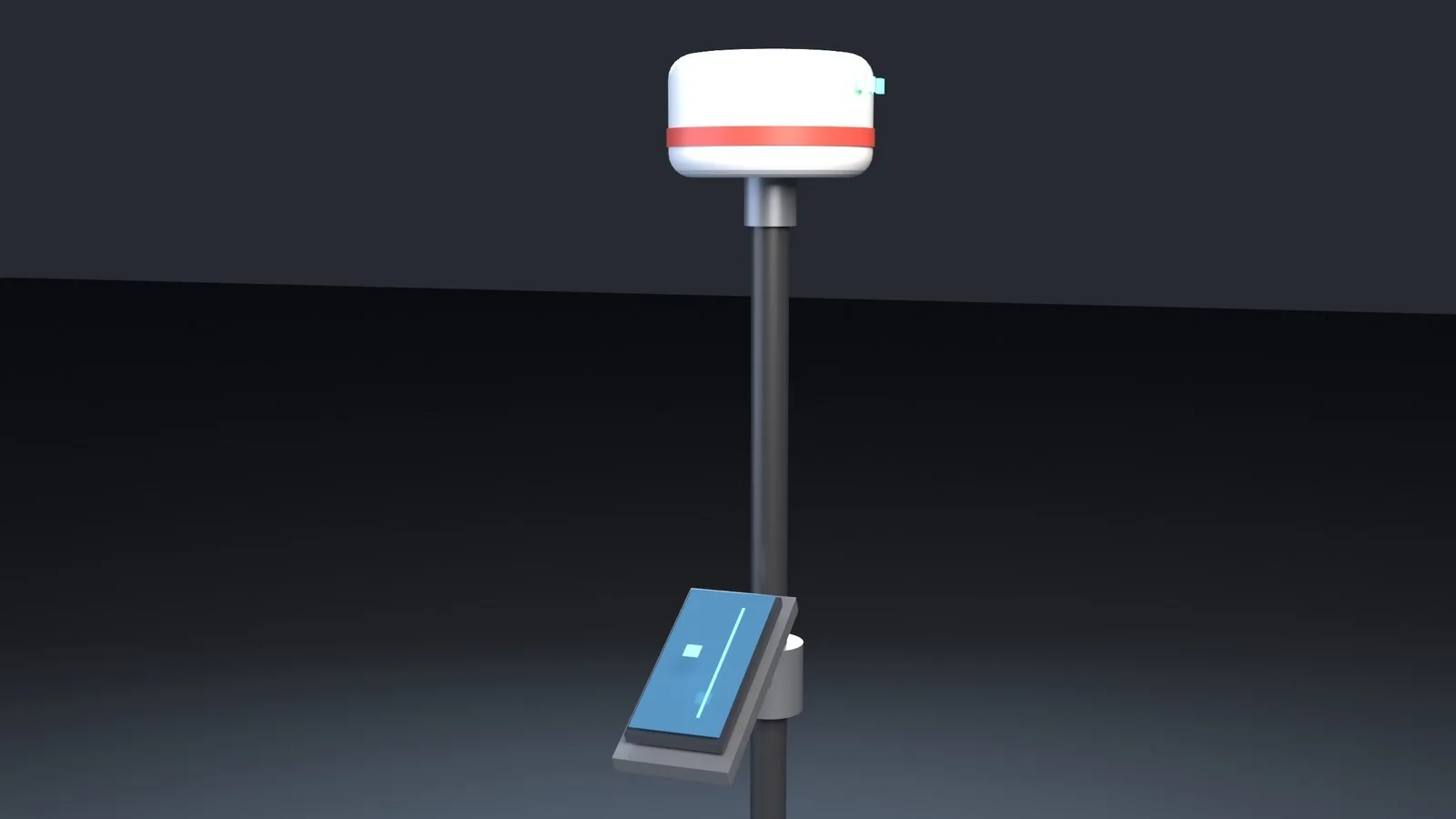 A phone in a cradle on a survey pole below a GNSS receiver