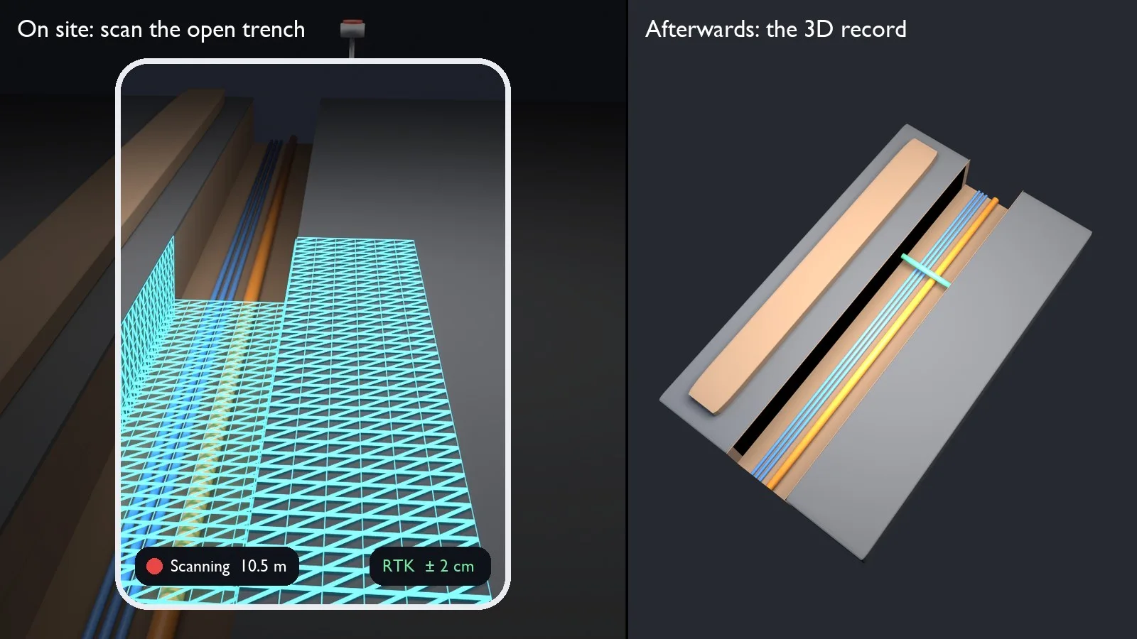 A phone scanning an open trench with the scan mesh forming over it, beside the resulting 3D model of the trench section