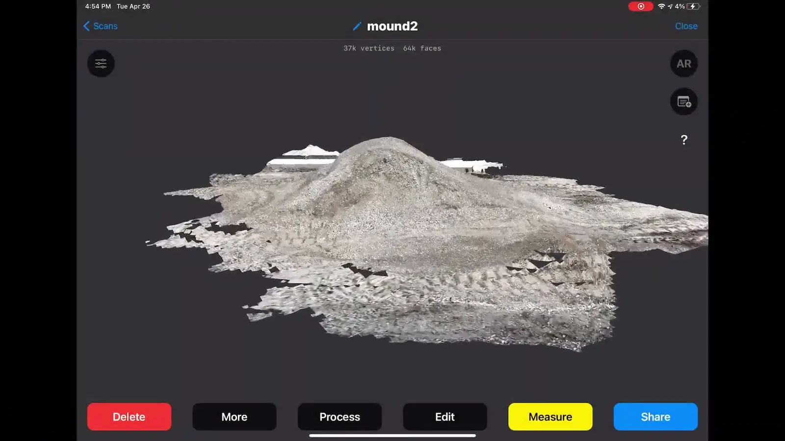 A gravel pile as a textured LiDAR mesh in the scanning app