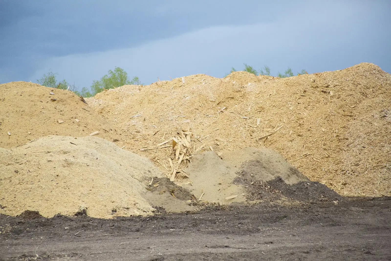 A large pile of wood chips and bark mulch